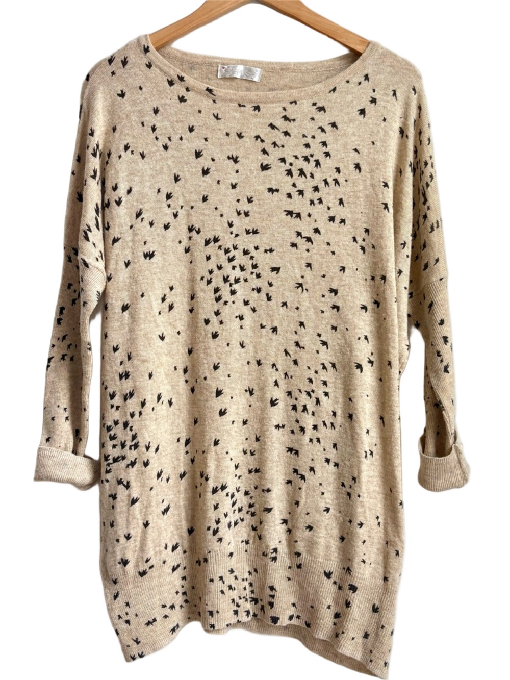 Purplish London Blackbird Black birds graphic print beige tunic Sweater